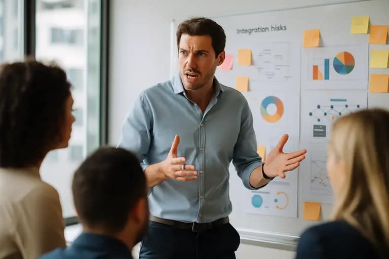 Product, engineering, and risk leads discussing an AI workflow diagram