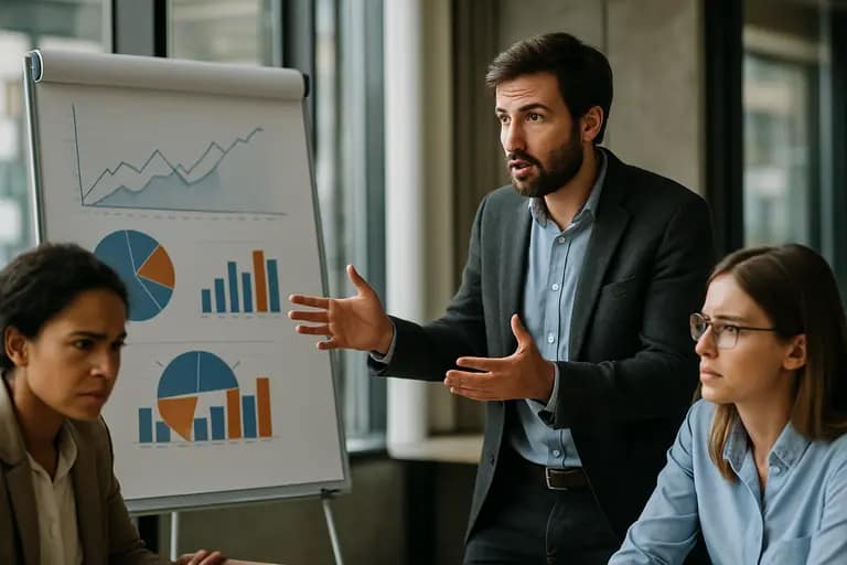 Presenter explaining a swimlane chart to executives in a technical briefing room