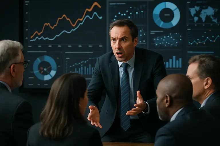 Cross-functional team studying an AI risk board with evidence and ownership columns