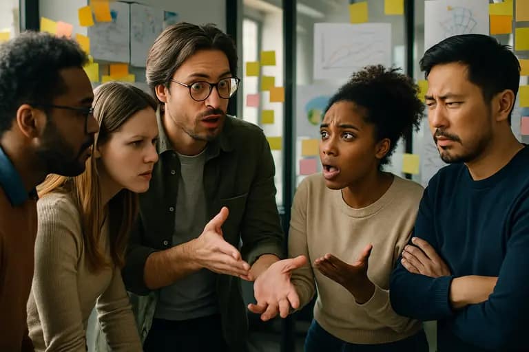 Cross-functional AI team discussing evaluation results around a meeting table