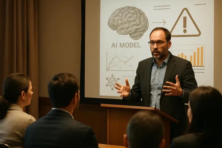 Presenter explains a three-layer risk slide to technical stakeholders