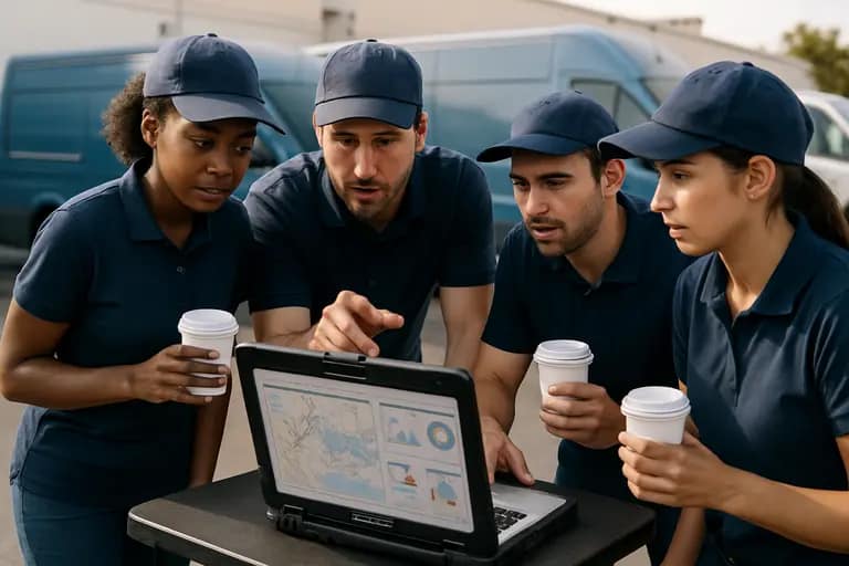 Field operations team reviewing device status charts on a conference table