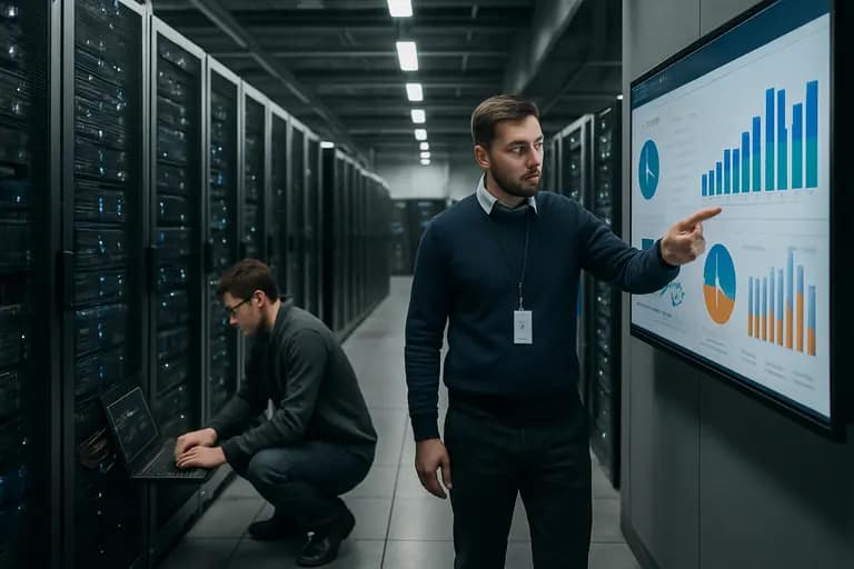 Data center racks with engineers monitoring compute and cooling systems