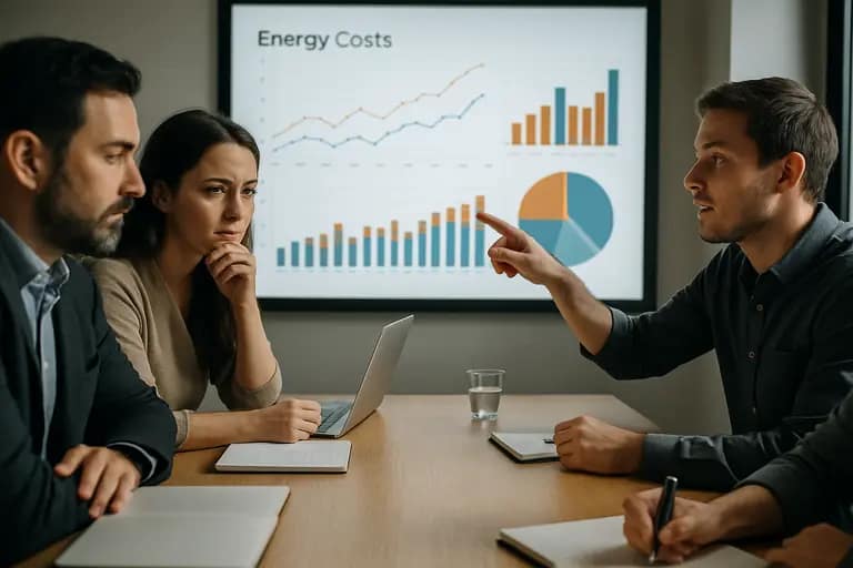 Team reviewing synchronized energy and cooling charts during an operations meeting