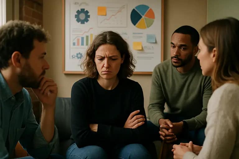AI team members discuss unclear review steps around a conference table
