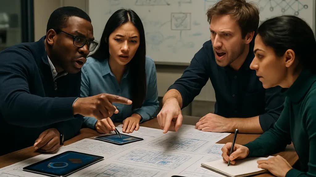 AI overbuilding risks shown through a data center planning room with power and capacity charts