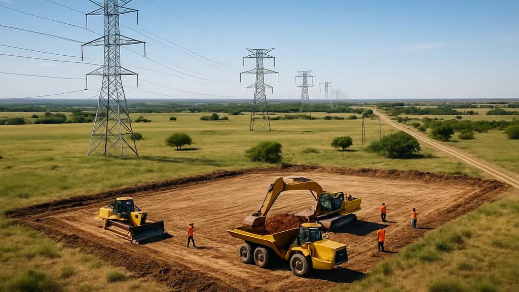 Texas AI power plant site with turbines near a data center campus in dry West Texas terrain
