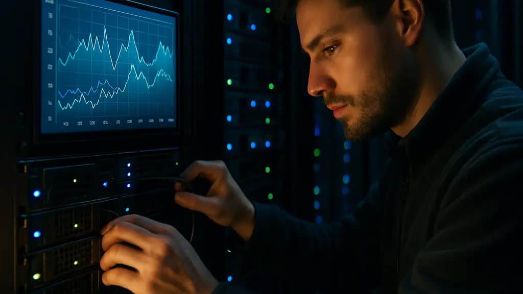 Data center energy costs dashboard beside server racks and power equipment