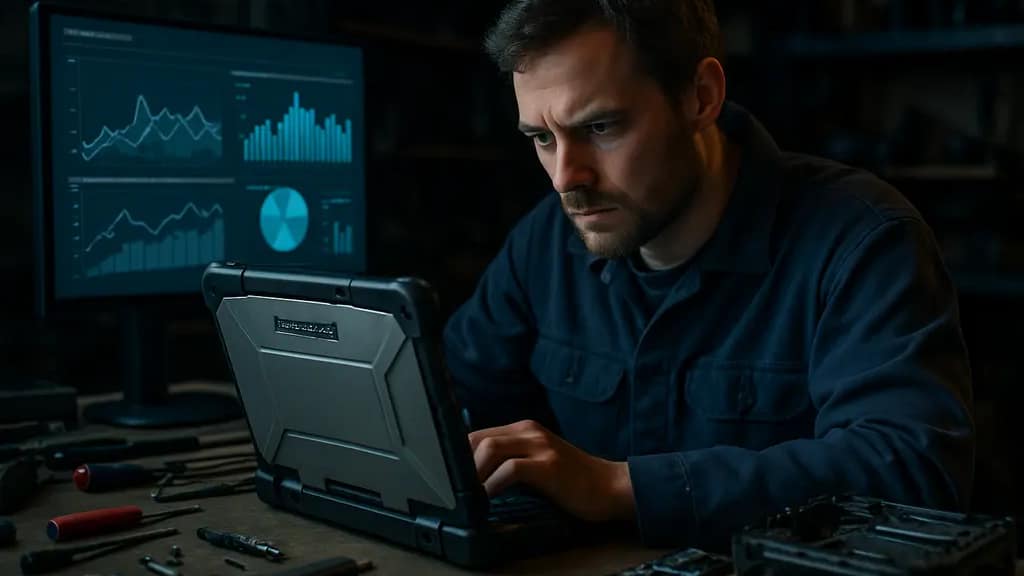 TOUGHBOOK Maintenance review with rugged laptops, batteries, and service notes on a workbench