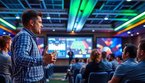 A dynamic sports presentation unfolds, captured in a vibrant and engaging scene. In the foreground, a confident presenter stands before a captivated audience, gesturing with energy and purpose. The middle ground showcases a large projection screen displaying relevant data and visuals, seamlessly integrated into the presentation. The background features a modern, well-lit event space, with sports-themed decor and lighting creating an atmosphere of excitement and professionalism. The overall composition conveys a sense of dynamism, with the presenter's body language and the visuals on the screen working in harmony to effectively engage the stakeholders. A dynamic sports presentation unfolds, captured in a vibrant and engaging scene. In the foreground, a confident presenter stands before a captivated audience, gesturing with energy and purpose. The middle ground showcases a large projection screen displaying relevant data and visuals, seamlessly integrated into the presentation. The background features a modern, well-lit event space, with sports-themed decor and lighting creating an atmosphere of excitement and professionalism. The overall composition conveys a sense of dynamism, with the presenter's body language and the visuals on the screen working in harmony to effectively engage the stakeholders.
