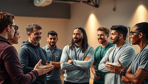 A group of diverse sports coaches engaged in a dynamic coaching presentation, building trust and rapport with their players. The foreground depicts the coaches gesturing expressively, making eye contact and conveying a sense of empathy and understanding. The middle ground shows the players leaning in, their body language open and attentive. The background features a warm, welcoming environment, with soft lighting and subtle details that evoke a sense of collaboration and teamwork. The overall mood is one of trust, open communication, and a shared commitment to growth and success. A group of diverse sports coaches engaged in a dynamic coaching presentation, building trust and rapport with their players. The foreground depicts the coaches gesturing expressively, making eye contact and conveying a sense of empathy and understanding. The middle ground shows the players leaning in, their body language open and attentive. The background features a warm, welcoming environment, with soft lighting and subtle details that evoke a sense of collaboration and teamwork. The overall mood is one of trust, open communication, and a shared commitment to growth and success.