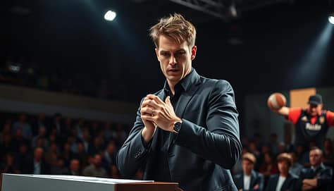 A nervous sports presenter stands at a podium, their hands trembling and eyes darting around the room. The lighting is harsh, casting deep shadows that accentuate the tension in their expression. The background is a blur of anxious spectators, creating a sense of overwhelming pressure. The presenter's body language is stiff and uneasy, their posture betraying their inner turmoil. The scene is captured through a wide-angle lens, emphasizing the vastness of the stage and the isolating feeling of being alone in the spotlight. The overall mood is one of discomfort and apprehension, perfectly capturing the essence of "Understanding Presentation Anxiety." A nervous sports presenter stands at a podium, their hands trembling and eyes darting around the room. The lighting is harsh, casting deep shadows that accentuate the tension in their expression. The background is a blur of anxious spectators, creating a sense of overwhelming pressure. The presenter's body language is stiff and uneasy, their posture betraying their inner turmoil. The scene is captured through a wide-angle lens, emphasizing the vastness of the stage and the isolating feeling of being alone in the spotlight. The overall mood is one of discomfort and apprehension, perfectly capturing the essence of "Understanding Presentation Anxiety."