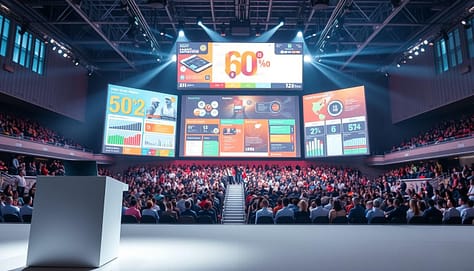A sleek sports arena filled with dynamic visuals, spotlights casting a vibrant glow on a large projection screen showcasing an array of infographics, statistics, and engaging visuals. The foreground features a modern podium with a clean, minimalist design, ready to host a captivating sports presentation. The middle ground is populated with a diverse audience, their attention firmly fixed on the screen, anticipating the impactful visuals to come. The background seamlessly blends the arena's architecture, with high ceilings and large windows allowing natural light to filter in, creating a sense of openness and energy. The overall mood is one of professionalism, excitement, and a strong focus on using visuals to enhance the sports presentation experience. A sleek sports arena filled with dynamic visuals, spotlights casting a vibrant glow on a large projection screen showcasing an array of infographics, statistics, and engaging visuals. The foreground features a modern podium with a clean, minimalist design, ready to host a captivating sports presentation. The middle ground is populated with a diverse audience, their attention firmly fixed on the screen, anticipating the impactful visuals to come. The background seamlessly blends the arena's architecture, with high ceilings and large windows allowing natural light to filter in, creating a sense of openness and energy. The overall mood is one of professionalism, excitement, and a strong focus on using visuals to enhance the sports presentation experience.
