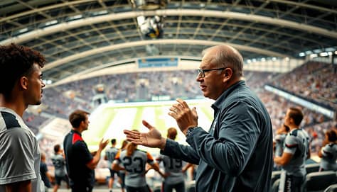 A sports arena filled with athletes engaged in dynamic gestures and expressions, highlighting their verbal and non-verbal communication skills. A coach stands in the foreground, gesturing emphatically while making eye contact with the players. The background features a panoramic view of the playing field, illuminated by natural sunlight filtering through the stadium's glass roof. The mood is one of intense focus and teamwork, conveying the essential communication abilities required for successful sports presentations. A sports arena filled with athletes engaged in dynamic gestures and expressions, highlighting their verbal and non-verbal communication skills. A coach stands in the foreground, gesturing emphatically while making eye contact with the players. The background features a panoramic view of the playing field, illuminated by natural sunlight filtering through the stadium's glass roof. The mood is one of intense focus and teamwork, conveying the essential communication abilities required for successful sports presentations.