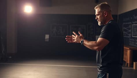 A sports coach instructs an athlete in a dimly lit training room, the only illumination coming from a warm, focused spotlight. The coach demonstrates a series of imperfect movements, encouraging the athlete to mimic them with intentional flaws. In the background, a chalkboard displays diagrams and notes on the principles of deliberate imperfection training. The scene conveys a sense of focused, collaborative exploration, with the coach and athlete working together to refine and improve technique through embracing controlled mistakes. A sports coach instructs an athlete in a dimly lit training room, the only illumination coming from a warm, focused spotlight. The coach demonstrates a series of imperfect movements, encouraging the athlete to mimic them with intentional flaws. In the background, a chalkboard displays diagrams and notes on the principles of deliberate imperfection training. The scene conveys a sense of focused, collaborative exploration, with the coach and athlete working together to refine and improve technique through embracing controlled mistakes.