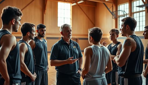 A sports coach stands calmly, facing a group of athletes who express varying degrees of objection and feedback. The coach's demeanor is patient and attentive, their body language open and inviting. The athletes gesture animatedly, some with furrowed brows, others with nodding heads. The scene is set in a well-lit indoor gymnasium, with clean wooden floors and high ceilings. Warm, natural lighting filters through large windows, casting a soft glow on the interaction. The coach and athletes are framed in a medium shot, allowing their expressions and body language to convey the nuances of the dialogue. An atmosphere of thoughtful discussion and mutual understanding permeates the scene. A sports coach stands calmly, facing a group of athletes who express varying degrees of objection and feedback. The coach's demeanor is patient and attentive, their body language open and inviting. The athletes gesture animatedly, some with furrowed brows, others with nodding heads. The scene is set in a well-lit indoor gymnasium, with clean wooden floors and high ceilings. Warm, natural lighting filters through large windows, casting a soft glow on the interaction. The coach and athletes are framed in a medium shot, allowing their expressions and body language to convey the nuances of the dialogue. An atmosphere of thoughtful discussion and mutual understanding permeates the scene.