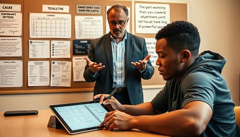 A thoughtful athlete sits at a desk, carefully reviewing feedback notes scrawled across a tablet screen. In the middle ground, a coach gestures animatedly, offering guidance. The background features a bulletin board filled with performance charts and motivational quotes, bathed in warm, focused lighting that creates a contemplative atmosphere. The composition conveys the adjustments and refinements needed to transform objectives into powerful, impactful sports presentations. A thoughtful athlete sits at a desk, carefully reviewing feedback notes scrawled across a tablet screen. In the middle ground, a coach gestures animatedly, offering guidance. The background features a bulletin board filled with performance charts and motivational quotes, bathed in warm, focused lighting that creates a contemplative atmosphere. The composition conveys the adjustments and refinements needed to transform objectives into powerful, impactful sports presentations.