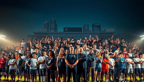 A vibrant, hierarchical scene showcasing the diverse stakeholders in the sports ecosystem. In the foreground, players and coaches stand united, their athletic forms captured in dynamic poses. In the middle ground, parents and fans cheer passionately, their faces alight with excitement. In the background, administrators, governing bodies, and sponsors loom, their influence represented by sleek, modern buildings and logos. Warm, directional lighting illuminates the scene, casting shadows that emphasize the interconnected nature of these roles. The composition is balanced, with a sense of order and structure conveying the complexity of sports management. The overall atmosphere is one of energy, collaboration, and the shared purpose of supporting athletic achievement. A vibrant, hierarchical scene showcasing the diverse stakeholders in the sports ecosystem. In the foreground, players and coaches stand united, their athletic forms captured in dynamic poses. In the middle ground, parents and fans cheer passionately, their faces alight with excitement. In the background, administrators, governing bodies, and sponsors loom, their influence represented by sleek, modern buildings and logos. Warm, directional lighting illuminates the scene, casting shadows that emphasize the interconnected nature of these roles. The composition is balanced, with a sense of order and structure conveying the complexity of sports management. The overall atmosphere is one of energy, collaboration, and the shared purpose of supporting athletic achievement.