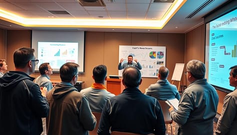 A well-lit conference room with a large projection screen on the wall. In the foreground, a group of sports coaches engaged in an animated discussion, gesturing and taking notes. In the middle ground, a presenter stands at a podium, hands raised in a teaching pose, surrounded by visual aids like charts, diagrams, and infographics. The lighting is warm and inviting, creating an atmosphere of collaboration and learning. The scene is captured with a wide-angle lens to emphasize the dynamic interaction between the coaches and the presenter. The overall mood is one of productive communication and the effective use of visual aids to enhance a sports presentation. A well-lit conference room with a large projection screen on the wall. In the foreground, a group of sports coaches engaged in an animated discussion, gesturing and taking notes. In the middle ground, a presenter stands at a podium, hands raised in a teaching pose, surrounded by visual aids like charts, diagrams, and infographics. The lighting is warm and inviting, creating an atmosphere of collaboration and learning. The scene is captured with a wide-angle lens to emphasize the dynamic interaction between the coaches and the presenter. The overall mood is one of productive communication and the effective use of visual aids to enhance a sports presentation.