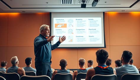 A well-lit conference room with a large projection screen showcasing various communication strategies. In the foreground, a sports coach stands in a dynamic, engaged pose, gesturing towards the screen. The coach's facial expression conveys confidence and authority. In the middle ground, a group of athletes sit attentively, their expressions a mix of focus and curiosity. The background features warm, inviting lighting and a modern, minimalist design aesthetic, creating a professional and inspiring atmosphere. The overall scene captures the importance of effective presentation and communication in the context of sports coaching and management. A well-lit conference room with a large projection screen showcasing various communication strategies. In the foreground, a sports coach stands in a dynamic, engaged pose, gesturing towards the screen. The coach's facial expression conveys confidence and authority. In the middle ground, a group of athletes sit attentively, their expressions a mix of focus and curiosity. The background features warm, inviting lighting and a modern, minimalist design aesthetic, creating a professional and inspiring atmosphere. The overall scene captures the importance of effective presentation and communication in the context of sports coaching and management.