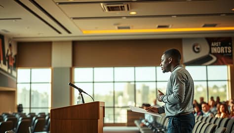 A well-lit conference room, with a podium and seating for an audience. On the podium, a microphone and notes, signifying preparation. In the foreground, a coach and athlete engaged in lively discussion, their body language indicating a collaborative practice session. The walls are adorned with motivational sports imagery, creating an atmosphere of encouragement and focus. Warm, natural lighting filters through large windows, casting a serene glow over the scene. The overall mood conveys a sense of professionalism, dedication, and the anticipation of an impactful sports presentation. A well-lit conference room, with a podium and seating for an audience. On the podium, a microphone and notes, signifying preparation. In the foreground, a coach and athlete engaged in lively discussion, their body language indicating a collaborative practice session. The walls are adorned with motivational sports imagery, creating an atmosphere of encouragement and focus. Warm, natural lighting filters through large windows, casting a serene glow over the scene. The overall mood conveys a sense of professionalism, dedication, and the anticipation of an impactful sports presentation.