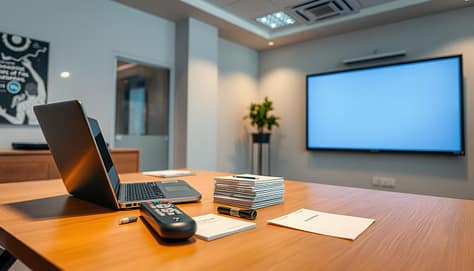A well-lit office with a large presentation screen on the wall. On the desk, various visual aids are neatly arranged: a laptop, a remote control, a stack of note cards, and a laser pointer. The scene has a sense of organization and professionalism, conveying the preparedness and attention to detail required for an effective sports presentation. The lighting is soft and flattering, creating a warm and inviting atmosphere. The camera angle is slightly elevated, giving a broad, comprehensive view of the workspace and its carefully curated tools. A well-lit office with a large presentation screen on the wall. On the desk, various visual aids are neatly arranged: a laptop, a remote control, a stack of note cards, and a laser pointer. The scene has a sense of organization and professionalism, conveying the preparedness and attention to detail required for an effective sports presentation. The lighting is soft and flattering, creating a warm and inviting atmosphere. The camera angle is slightly elevated, giving a broad, comprehensive view of the workspace and its carefully curated tools.