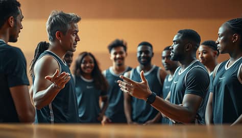 A well-lit sports coaching scene, with a focused coach interacting with a diverse team. The foreground shows the coach, gesturing animatedly, making eye contact and leaning in to connect with each player. The middle ground depicts the team, their body language and facial expressions conveying engagement, understanding, and a sense of unity. The background blurs into a warm, neutral tone, drawing attention to the coach-team dynamic. Soft, directional lighting illuminates the coach's face, creating a sense of guidance and approachability. The overall atmosphere is one of open communication, collaborative learning, and a shared commitment to excellence in the sport. A well-lit sports coaching scene, with a focused coach interacting with a diverse team. The foreground shows the coach, gesturing animatedly, making eye contact and leaning in to connect with each player. The middle ground depicts the team, their body language and facial expressions conveying engagement, understanding, and a sense of unity. The background blurs into a warm, neutral tone, drawing attention to the coach-team dynamic. Soft, directional lighting illuminates the coach's face, creating a sense of guidance and approachability. The overall atmosphere is one of open communication, collaborative learning, and a shared commitment to excellence in the sport.