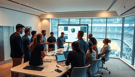 A lively sports team meeting in a modern, well-lit conference room. In the foreground, a diverse group of athletes, coaches, and analysts engaged in a dynamic discussion, gesturing enthusiastically and consulting data-filled whiteboards and laptops. The middle ground features a large, interactive touchscreen display showcasing intricate sports statistics and infographics. In the background, floor-to-ceiling windows offer a scenic view of a bustling sports arena, creating a sense of energy and connection to the team's competitive environment. The overall atmosphere conveys a balance of focused professionalism and passionate collaboration, with subtle, warm lighting and a clean, minimalist aesthetic. A lively sports team meeting in a modern, well-lit conference room. In the foreground, a diverse group of athletes, coaches, and analysts engaged in a dynamic discussion, gesturing enthusiastically and consulting data-filled whiteboards and laptops. The middle ground features a large, interactive touchscreen display showcasing intricate sports statistics and infographics. In the background, floor-to-ceiling windows offer a scenic view of a bustling sports arena, creating a sense of energy and connection to the team's competitive environment. The overall atmosphere conveys a balance of focused professionalism and passionate collaboration, with subtle, warm lighting and a clean, minimalist aesthetic.