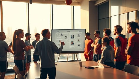 A lively sports team meeting unfolds in a modern office, with a group of athletes and coaches gathered around a digital whiteboard. The scene is bathed in warm, focused lighting, creating an atmosphere of collaboration and intensity. In the foreground, a coach gesticulates passionately, explaining tactical strategies to the attentive team. The middle ground features the sleek, interactive whiteboard displaying dynamic visuals, while the background showcases a panoramic view of the city skyline, hinting at the broader context of the team's aspirations. The overall mood evokes a sense of shared purpose, innovation, and a drive to excel on the field. A lively sports team meeting unfolds in a modern office, with a group of athletes and coaches gathered around a digital whiteboard. The scene is bathed in warm, focused lighting, creating an atmosphere of collaboration and intensity. In the foreground, a coach gesticulates passionately, explaining tactical strategies to the attentive team. The middle ground features the sleek, interactive whiteboard displaying dynamic visuals, while the background showcases a panoramic view of the city skyline, hinting at the broader context of the team's aspirations. The overall mood evokes a sense of shared purpose, innovation, and a drive to excel on the field.
