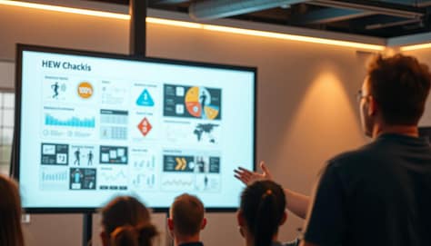 A professional slideshow presentation displayed on a large screen, illuminated by warm, directional lighting. In the foreground, a coach standing beside the screen, gesturing with an expressive hand as they explain the visuals. The middle ground showcases a series of infographics, diagrams, and photographic elements that clearly convey key concepts. The background features a blurred, minimalist environment, allowing the visuals and the coach's presence to take center stage. The overall mood is one of clarity, engagement, and effective visual communication for an audience of athletes or trainees. A professional slideshow presentation displayed on a large screen, illuminated by warm, directional lighting. In the foreground, a coach standing beside the screen, gesturing with an expressive hand as they explain the visuals. The middle ground showcases a series of infographics, diagrams, and photographic elements that clearly convey key concepts. The background features a blurred, minimalist environment, allowing the visuals and the coach's presence to take center stage. The overall mood is one of clarity, engagement, and effective visual communication for an audience of athletes or trainees.