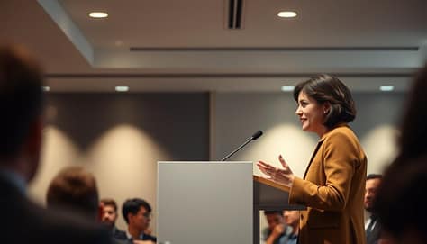 A confident person standing at a podium, delivering a speech to a focused audience. The speaker's expression is calm and composed, their hands gesturing naturally. The background is a well-lit, professional setting with clean lines and subtle textures. Soft, directional lighting illuminates the speaker, creating a sense of presence and authority. The camera angle is slightly low, emphasizing the speaker's poise and command of the space. An atmosphere of engagement and attentiveness pervades the scene, showcasing techniques for overcoming public speaking nervousness. A confident person standing at a podium, delivering a speech to a focused audience. The speaker's expression is calm and composed, their hands gesturing naturally. The background is a well-lit, professional setting with clean lines and subtle textures. Soft, directional lighting illuminates the speaker, creating a sense of presence and authority. The camera angle is slightly low, emphasizing the speaker's poise and command of the space. An atmosphere of engagement and attentiveness pervades the scene, showcasing techniques for overcoming public speaking nervousness.