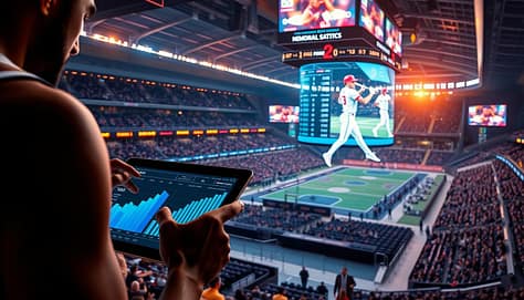 A sleek, data-driven sports arena with holographic displays showcasing memorable statistics. In the foreground, a close-up of a basketball player's hands holding a tablet, analytics charts and graphs projected onto the screen. The middle ground features a larger-than-life projection of a baseball player's stats, his performance metrics glowing with vivid colors. In the background, a panoramic view of the stadium, fans cheering as they observe the real-time data visualizations on the massive, cinematic screens. The scene is illuminated by a warm, futuristic lighting, creating an atmosphere of innovation and excitement around sports analytics. A sleek, data-driven sports arena with holographic displays showcasing memorable statistics. In the foreground, a close-up of a basketball player's hands holding a tablet, analytics charts and graphs projected onto the screen. The middle ground features a larger-than-life projection of a baseball player's stats, his performance metrics glowing with vivid colors. In the background, a panoramic view of the stadium, fans cheering as they observe the real-time data visualizations on the massive, cinematic screens. The scene is illuminated by a warm, futuristic lighting, creating an atmosphere of innovation and excitement around sports analytics.