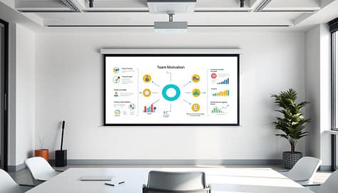 A sleek, modern office setting with a large whiteboard or projection screen taking up the central focus. On the screen, a visually engaging presentation showcases various team motivation strategies, represented through intuitive icons, colorful graphs, and simple diagrams. The room is well-lit, with a minimalist aesthetic and clean lines. The mood is one of professionalism and inspiration, encouraging productivity and collaboration. The camera angle is slightly elevated, providing a comprehensive view of the visual aid and the surrounding workspace. The overall scene captures the essence of using effective visual tools to boost team morale and drive successful coaching sessions. A sleek, modern office setting with a large whiteboard or projection screen taking up the central focus. On the screen, a visually engaging presentation showcases various team motivation strategies, represented through intuitive icons, colorful graphs, and simple diagrams. The room is well-lit, with a minimalist aesthetic and clean lines. The mood is one of professionalism and inspiration, encouraging productivity and collaboration. The camera angle is slightly elevated, providing a comprehensive view of the visual aid and the surrounding workspace. The overall scene captures the essence of using effective visual tools to boost team morale and drive successful coaching sessions.