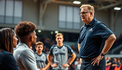 A coach standing confidently, hands on hips, leaning forward with an engaged expression, guiding their team through a dynamic discussion. The setting is a well-lit, modern sports facility, with a hint of an audience in the background, creating an atmosphere of interactive learning. The coach's body language exudes authority and approachability, inviting players to openly express their thoughts and concerns. Subtle lighting emphasizes the coach's focused gaze and subtle gestures, capturing the essence of handling unplanned interactions and tough questions with poise and professionalism. A coach standing confidently, hands on hips, leaning forward with an engaged expression, guiding their team through a dynamic discussion. The setting is a well-lit, modern sports facility, with a hint of an audience in the background, creating an atmosphere of interactive learning. The coach's body language exudes authority and approachability, inviting players to openly express their thoughts and concerns. Subtle lighting emphasizes the coach's focused gaze and subtle gestures, capturing the essence of handling unplanned interactions and tough questions with poise and professionalism.