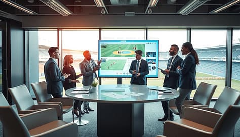 A dynamic sports presentation scene set in a modern conference room. In the foreground, a diverse group of four professionals, dressed in smart business attire, are engaged in an animated discussion around a large touchscreen display showcasing interactive sports analytics and visuals. The middle ground features a sleek round conference table with laptops, notes, and digital tablets scattered about, highlighting collaborative efforts. In the background, large windows allow natural light to flood the space, providing a view of a vibrant sports complex. The atmosphere is energetic and focused, conveying teamwork and innovation in sports presentations. Use soft lighting for an inviting ambiance and capture the scene from a slightly elevated angle to encompass the entire environment. A dynamic sports presentation scene set in a modern conference room. In the foreground, a diverse group of four professionals, dressed in smart business attire, are engaged in an animated discussion around a large touchscreen display showcasing interactive sports analytics and visuals. The middle ground features a sleek round conference table with laptops, notes, and digital tablets scattered about, highlighting collaborative efforts. In the background, large windows allow natural light to flood the space, providing a view of a vibrant sports complex. The atmosphere is energetic and focused, conveying teamwork and innovation in sports presentations. Use soft lighting for an inviting ambiance and capture the scene from a slightly elevated angle to encompass the entire environment.