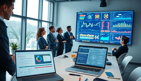 A focused scene depicting a data visualization troubleshooting session in a modern conference room. In the foreground, a diverse group of professionals in smart business attire intently analyzes a large digital screen displaying a chaotic mix of colorful graphs and real-time data streams, with some indicators flashing red. In the middle ground, an open laptop shows a dashboard with error notifications alongside a whiteboard filled with technical notes and flowcharts. The background features large windows allowing natural light to illuminate the workspace, complemented by sleek furniture and digital devices. The overall mood conveys a sense of urgency and collaboration, emphasizing problem-solving in a high-stakes environment. Soft lighting highlights the concentration on the team’s faces, with a wide-angle view to capture the full scope of the troubleshooting effort. A focused scene depicting a data visualization troubleshooting session in a modern conference room. In the foreground, a diverse group of professionals in smart business attire intently analyzes a large digital screen displaying a chaotic mix of colorful graphs and real-time data streams, with some indicators flashing red. In the middle ground, an open laptop shows a dashboard with error notifications alongside a whiteboard filled with technical notes and flowcharts. The background features large windows allowing natural light to illuminate the workspace, complemented by sleek furniture and digital devices. The overall mood conveys a sense of urgency and collaboration, emphasizing problem-solving in a high-stakes environment. Soft lighting highlights the concentration on the team’s faces, with a wide-angle view to capture the full scope of the troubleshooting effort.