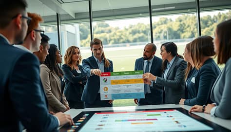 A modern conference room setting filled with diverse professionals in business attire, actively engaging in a collaborative sports presentation. In the foreground, a large digital display showcases a color-coded role assignment chart with various sporting icons. In the middle, a group of three individuals (one woman and two men) are pointing at the chart, discussing responsibilities with focused expressions. The background features a glass wall that overlooks a field, emphasizing an athletic atmosphere. Soft, natural daylight pours in from the windows, creating a vibrant and inviting ambiance. The scene is captured with a wide-angle lens to highlight the collaborative environment, with a slightly blurred background to keep attention on the discussion in the foreground. The mood should convey teamwork, engagement, and professionalism. A modern conference room setting filled with diverse professionals in business attire, actively engaging in a collaborative sports presentation. In the foreground, a large digital display showcases a color-coded role assignment chart with various sporting icons. In the middle, a group of three individuals (one woman and two men) are pointing at the chart, discussing responsibilities with focused expressions. The background features a glass wall that overlooks a field, emphasizing an athletic atmosphere. Soft, natural daylight pours in from the windows, creating a vibrant and inviting ambiance. The scene is captured with a wide-angle lens to highlight the collaborative environment, with a slightly blurred background to keep attention on the discussion in the foreground. The mood should convey teamwork, engagement, and professionalism.