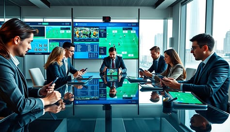 A modern conference room with a sleek glass table and high-tech tablets in use. In the foreground, a diverse group of professionals in business attire is engaged in a collaborative game planning session, analyzing sports strategies on the screens of their mobile devices. The middle ground features high-resolution displays showing dynamic charts and game footage, emphasizing teamwork and data-driven decision-making. The background showcases a large window with a cityscape view, allowing natural light to flood the room, creating a bright and focused atmosphere. The angle captures the seriousness of the meeting while conveying a sense of innovation and energy in the sports tech industry. The mood is dynamic, collaborative, and centered on technology integration in strategic planning. A modern conference room with a sleek glass table and high-tech tablets in use. In the foreground, a diverse group of professionals in business attire is engaged in a collaborative game planning session, analyzing sports strategies on the screens of their mobile devices. The middle ground features high-resolution displays showing dynamic charts and game footage, emphasizing teamwork and data-driven decision-making. The background showcases a large window with a cityscape view, allowing natural light to flood the room, creating a bright and focused atmosphere. The angle captures the seriousness of the meeting while conveying a sense of innovation and energy in the sports tech industry. The mood is dynamic, collaborative, and centered on technology integration in strategic planning.