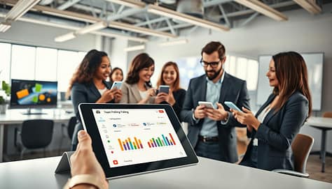A modern office environment showcasing various team engagement tools for instant interaction. Foreground: A sleek tablet displaying a dynamic digital polling interface, with colorful graphs and vibrant icons. Middle: A group of diverse professionals in smart business attire engaged in discussion and using smartphones to participate in live feedback, with expressions of enthusiasm and focus. Background: A bright, open workspace filled with high-tech gadgets like interactive screens and smart whiteboards, bathed in natural sunlight streaming through large windows. Use a warm color palette to convey a lively, collaborative atmosphere. Aim for a slightly angled perspective, emphasizing the interaction among the team and the technology around them. A modern office environment showcasing various team engagement tools for instant interaction. Foreground: A sleek tablet displaying a dynamic digital polling interface, with colorful graphs and vibrant icons. Middle: A group of diverse professionals in smart business attire engaged in discussion and using smartphones to participate in live feedback, with expressions of enthusiasm and focus. Background: A bright, open workspace filled with high-tech gadgets like interactive screens and smart whiteboards, bathed in natural sunlight streaming through large windows. Use a warm color palette to convey a lively, collaborative atmosphere. Aim for a slightly angled perspective, emphasizing the interaction among the team and the technology around them.