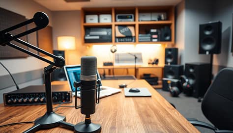 A professional audio recording setup in a modern office space. In the foreground, a high-quality microphone on a boom arm positioned on a sturdy wooden desk, alongside a sleek audio interface with various knobs and buttons. The middle ground features a laptop with audio editing software open, surrounded by professional headphones and soundproofing panels. In the background, a well-organized shelf of audio equipment, including mixers and speakers, is subtly illuminated by soft, diffused ambient lighting. The atmosphere is focused and productive, conveying a sense of creativity and professionalism, ideal for recording and sharing presentations. The angle captures the setup from a slightly elevated view, emphasizing the organization and clarity of the workspace. A professional audio recording setup in a modern office space. In the foreground, a high-quality microphone on a boom arm positioned on a sturdy wooden desk, alongside a sleek audio interface with various knobs and buttons. The middle ground features a laptop with audio editing software open, surrounded by professional headphones and soundproofing panels. In the background, a well-organized shelf of audio equipment, including mixers and speakers, is subtly illuminated by soft, diffused ambient lighting. The atmosphere is focused and productive, conveying a sense of creativity and professionalism, ideal for recording and sharing presentations. The angle captures the setup from a slightly elevated view, emphasizing the organization and clarity of the workspace.