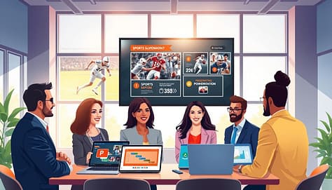 A vibrant and dynamic illustration depicting the use cases of sports slideshow software. In the foreground, a diverse group of five professionals, dressed in smart business attire, gather around a large digital screen displaying a sports presentation with compelling visuals of athletes, statistics, and team logos. In the middle ground, an engaging seminar setting with a modern conference table, laptops, and tablets showcasing various presentation software interfaces like PowerPoint, Prezi, and Canva. In the background, large windows reveal a bright, sunlit space that enhances the atmosphere of collaboration and creativity. Soft lighting highlights the faces of the presenters, reflecting enthusiasm and focus. The overall mood is energetic and inspirational, perfect for illustrating the real-life applications of presentation tools in sports settings. A vibrant and dynamic illustration depicting the use cases of sports slideshow software. In the foreground, a diverse group of five professionals, dressed in smart business attire, gather around a large digital screen displaying a sports presentation with compelling visuals of athletes, statistics, and team logos. In the middle ground, an engaging seminar setting with a modern conference table, laptops, and tablets showcasing various presentation software interfaces like PowerPoint, Prezi, and Canva. In the background, large windows reveal a bright, sunlit space that enhances the atmosphere of collaboration and creativity. Soft lighting highlights the faces of the presenters, reflecting enthusiasm and focus. The overall mood is energetic and inspirational, perfect for illustrating the real-life applications of presentation tools in sports settings.
