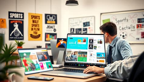A vibrant digital workspace filled with a diverse array of Canva sports graphics designs displayed on a computer screen. In the foreground, a sleek laptop shows a colorful sports presentation with dynamic layouts and engaging visuals, highlighting various sports such as basketball and soccer. In the middle ground, a creative professional, dressed in smart casual attire, is actively designing and exploring templates on the laptop. The background features a well-organized office space adorned with motivational sports posters and a whiteboard filled with brainstorming notes. Soft, natural lighting illuminates the scene, creating a warm and inviting atmosphere that encourages creativity and innovation. The overall mood conveys efficiency and passion for sports presentation design. A vibrant digital workspace filled with a diverse array of Canva sports graphics designs displayed on a computer screen. In the foreground, a sleek laptop shows a colorful sports presentation with dynamic layouts and engaging visuals, highlighting various sports such as basketball and soccer. In the middle ground, a creative professional, dressed in smart casual attire, is actively designing and exploring templates on the laptop. The background features a well-organized office space adorned with motivational sports posters and a whiteboard filled with brainstorming notes. Soft, natural lighting illuminates the scene, creating a warm and inviting atmosphere that encourages creativity and innovation. The overall mood conveys efficiency and passion for sports presentation design.