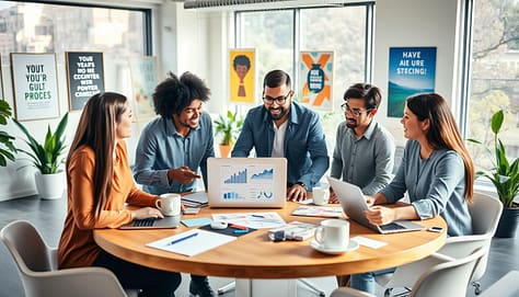 A vibrant office space filled with diverse professionals collaborating effectively on a presentation. In the foreground, a team of three individuals – one Black woman, one South Asian man, and one Hispanic woman – engaged in animated discussion, gesturing towards a laptop displaying graphs and charts. In the middle, a large round table covered with notes, laptops, and coffee mugs, showcasing teamwork. In the background, large windows allow natural sunlight to flood the space, creating a warm and inviting atmosphere. Soft focus on motivational posters on the walls; a few potted plants add a touch of greenery. The scene conveys a sense of inspiration and synergy, with a wide-angle lens capturing the dynamic interaction and collaborative spirit among the team members. A vibrant office space filled with diverse professionals collaborating effectively on a presentation. In the foreground, a team of three individuals – one Black woman, one South Asian man, and one Hispanic woman – engaged in animated discussion, gesturing towards a laptop displaying graphs and charts. In the middle, a large round table covered with notes, laptops, and coffee mugs, showcasing teamwork. In the background, large windows allow natural sunlight to flood the space, creating a warm and inviting atmosphere. Soft focus on motivational posters on the walls; a few potted plants add a touch of greenery. The scene conveys a sense of inspiration and synergy, with a wide-angle lens capturing the dynamic interaction and collaborative spirit among the team members.