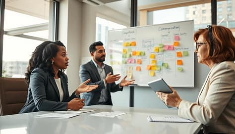 A diverse team of professionals engaged in a constructive dialogue around a conference table in a modern office setting. The foreground features three individuals: a Black woman in a smart blazer actively listening, a Hispanic man sharing ideas with enthusiastic gestures, and a middle-aged Caucasian woman taking notes on a tablet. In the background, a whiteboard filled with colorful diagrams and sticky notes that emphasize communication strategies. Soft, warm lighting enhances the collaborative atmosphere, while large windows allow natural light to flood the room, creating an inviting and open space. The composition captures the energy and spirit of a feedback-rich culture, with a focus on teamwork and mutual respect. The image is shot from a slightly elevated angle, giving a panoramic view of the interaction. A diverse team of professionals engaged in a constructive dialogue around a conference table in a modern office setting. The foreground features three individuals: a Black woman in a smart blazer actively listening, a Hispanic man sharing ideas with enthusiastic gestures, and a middle-aged Caucasian woman taking notes on a tablet. In the background, a whiteboard filled with colorful diagrams and sticky notes that emphasize communication strategies. Soft, warm lighting enhances the collaborative atmosphere, while large windows allow natural light to flood the room, creating an inviting and open space. The composition captures the energy and spirit of a feedback-rich culture, with a focus on teamwork and mutual respect. The image is shot from a slightly elevated angle, giving a panoramic view of the interaction.
