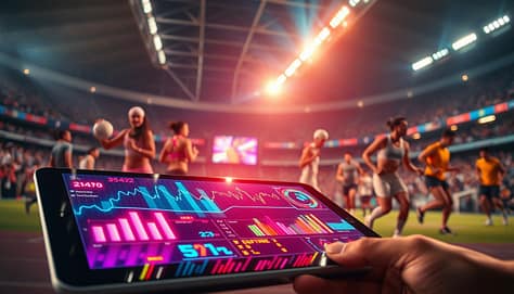 A dynamic sports data visualization scene, featuring animated graphs and charts in vibrant colors showcasing statistics like player performance, scores, and game timelines. In the foreground, a sleek, modern tablet displays a 3D interactive visualization of sports data, with glowing neon lines and upbeat motion graphics. In the middle ground, diverse athletes in athletic wear are engaged in various sports, blending seamlessly with the data animations. The background features a stadium filled with fans, under dramatic lighting that enhances the excitement of the visual display. The atmosphere is energetic and engaging, capturing the essence of sports and technology coming together. Use a wide-angle lens to create depth, focusing on vibrant colors and energetic contrasts throughout the composition. A dynamic sports data visualization scene, featuring animated graphs and charts in vibrant colors showcasing statistics like player performance, scores, and game timelines. In the foreground, a sleek, modern tablet displays a 3D interactive visualization of sports data, with glowing neon lines and upbeat motion graphics. In the middle ground, diverse athletes in athletic wear are engaged in various sports, blending seamlessly with the data animations. The background features a stadium filled with fans, under dramatic lighting that enhances the excitement of the visual display. The atmosphere is energetic and engaging, capturing the essence of sports and technology coming together. Use a wide-angle lens to create depth, focusing on vibrant colors and energetic contrasts throughout the composition.
