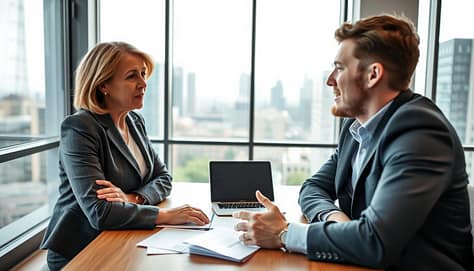 A focused mentor and a mentee engaged in a high-stress conversation in a modern office setting. In the foreground, the mentor, a middle-aged woman in a smart, professional outfit, listens intently, showcasing empathy and understanding through her body language. The mentee, a young man in business casual attire, speaks animatedly, expressing his concerns and ideas. In the middle ground, a table is scattered with documents and a laptop, indicating an ongoing project or discussion. The background features large windows with a view of a bustling cityscape, adding context to the environment. Soft, natural lighting streams in, creating a calm yet serious atmosphere that emphasizes the importance of active listening and connection in mentorship. The angle highlights both individuals, capturing their expressions and the tension of the moment. A focused mentor and a mentee engaged in a high-stress conversation in a modern office setting. In the foreground, the mentor, a middle-aged woman in a smart, professional outfit, listens intently, showcasing empathy and understanding through her body language. The mentee, a young man in business casual attire, speaks animatedly, expressing his concerns and ideas. In the middle ground, a table is scattered with documents and a laptop, indicating an ongoing project or discussion. The background features large windows with a view of a bustling cityscape, adding context to the environment. Soft, natural lighting streams in, creating a calm yet serious atmosphere that emphasizes the importance of active listening and connection in mentorship. The angle highlights both individuals, capturing their expressions and the tension of the moment.