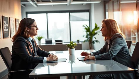 A focused performance coaching dialogue between two professionals in an office setting. In the foreground, a confident coach wearing smart business attire engages with a receptive coachee, seated at a sleek conference table, both leaning slightly forward to emphasize active listening. The middle ground features a well-organized workspace, with motivational posters on the wall and a potted plant adding a touch of greenery. In the background, soft light streams through large windows, casting a warm glow that enhances a collaborative and supportive atmosphere. The camera angle is slightly elevated, showcasing both subjects clearly while capturing the intensity of their interaction, conveying a sense of purpose and connection in the coaching process. A focused performance coaching dialogue between two professionals in an office setting. In the foreground, a confident coach wearing smart business attire engages with a receptive coachee, seated at a sleek conference table, both leaning slightly forward to emphasize active listening. The middle ground features a well-organized workspace, with motivational posters on the wall and a potted plant adding a touch of greenery. In the background, soft light streams through large windows, casting a warm glow that enhances a collaborative and supportive atmosphere. The camera angle is slightly elevated, showcasing both subjects clearly while capturing the intensity of their interaction, conveying a sense of purpose and connection in the coaching process.