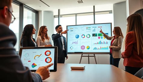 A modern digital whiteboard in a bright, airy conference room setting, showcasing various colorful coaching visual aids and techniques. In the foreground, a tablet displaying interactive diagrams and graphs that illustrate complex concepts clearly. The middle of the composition features a group of diverse professionals, dressed in smart business attire, engaged in an animated discussion while pointing at the digital whiteboard. In the background, large windows let in soft, natural light, enhancing the collaborative atmosphere. The overall scene conveys a sense of innovation and teamwork, with a focus on clear visual communication in coaching. The lighting is warm and inviting, captured at eye level to emphasize the participants' engagement with the digital tools. A modern digital whiteboard in a bright, airy conference room setting, showcasing various colorful coaching visual aids and techniques. In the foreground, a tablet displaying interactive diagrams and graphs that illustrate complex concepts clearly. The middle of the composition features a group of diverse professionals, dressed in smart business attire, engaged in an animated discussion while pointing at the digital whiteboard. In the background, large windows let in soft, natural light, enhancing the collaborative atmosphere. The overall scene conveys a sense of innovation and teamwork, with a focus on clear visual communication in coaching. The lighting is warm and inviting, captured at eye level to emphasize the participants' engagement with the digital tools.
