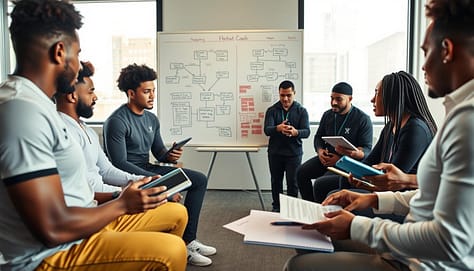 A modern office environment showcasing player-to-coach feedback channels for team development. In the foreground, a diverse group of players in professional sports attire engaged in a constructive discussion, using digital tablets and notebooks to share feedback with a coach seated across from them. In the middle ground, a whiteboard filled with diagrams and strategies illustrating feedback loops and communication pathways. The background features large windows letting in soft, natural light, creating a warm and inviting atmosphere. The setting is organized yet dynamic, emphasizing collaboration and open communication. The overall mood is one of empowerment, growth, and teamwork, captured from a slightly elevated angle to emphasize the interaction between players and coaches. A modern office environment showcasing player-to-coach feedback channels for team development. In the foreground, a diverse group of players in professional sports attire engaged in a constructive discussion, using digital tablets and notebooks to share feedback with a coach seated across from them. In the middle ground, a whiteboard filled with diagrams and strategies illustrating feedback loops and communication pathways. The background features large windows letting in soft, natural light, creating a warm and inviting atmosphere. The setting is organized yet dynamic, emphasizing collaboration and open communication. The overall mood is one of empowerment, growth, and teamwork, captured from a slightly elevated angle to emphasize the interaction between players and coaches.