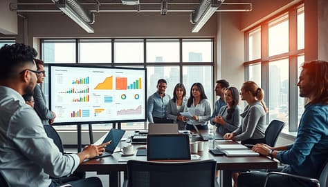 A modern office space featuring a diverse feedback data analysis team engaged in their work. In the foreground, a multi-ethnic group of professionals, including men and women of various ages, dressed in smart business attire, is gathered around a large screen displaying colorful graphs and charts. The middle layer shows a large conference table cluttered with laptops, notebooks, and coffee cups, indicating an active brainstorming session. In the background, large windows allow natural light to flood the space, revealing a city skyline. The atmosphere is collaborative and focused, with a sense of energy and determination. The scene is captured with a wide-angle lens to emphasize the teamwork and camaraderie within the space, illuminated by soft, warm lighting that enhances the professional yet inviting mood. A modern office space featuring a diverse feedback data analysis team engaged in their work. In the foreground, a multi-ethnic group of professionals, including men and women of various ages, dressed in smart business attire, is gathered around a large screen displaying colorful graphs and charts. The middle layer shows a large conference table cluttered with laptops, notebooks, and coffee cups, indicating an active brainstorming session. In the background, large windows allow natural light to flood the space, revealing a city skyline. The atmosphere is collaborative and focused, with a sense of energy and determination. The scene is captured with a wide-angle lens to emphasize the teamwork and camaraderie within the space, illuminated by soft, warm lighting that enhances the professional yet inviting mood.